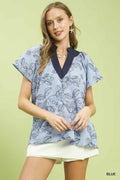 Stripe Embroidered Mixed Collar V-Neck Top