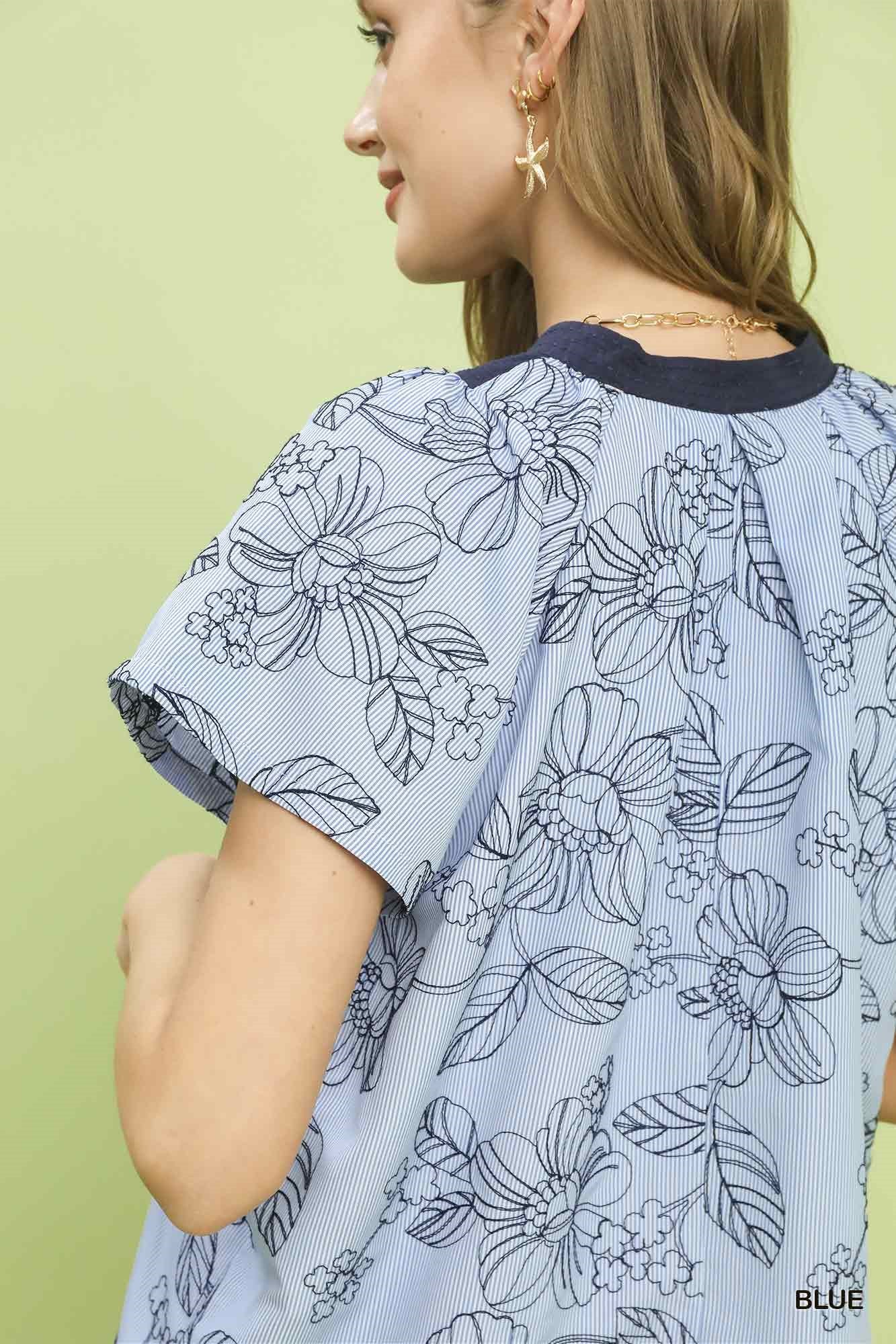 Stripe Embroidered Mixed Collar V-Neck Top