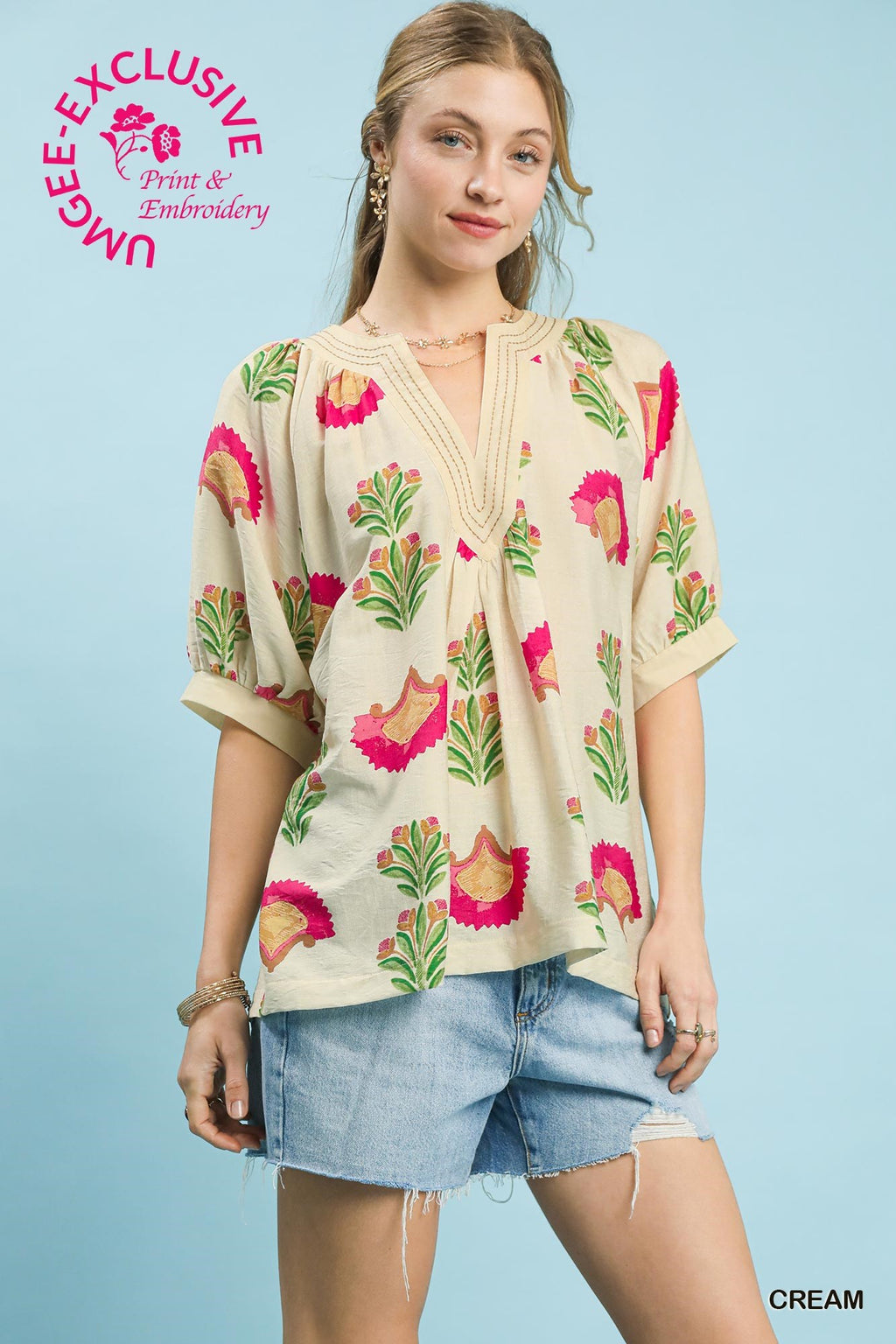 Abstract Print Contrast Stitch Top