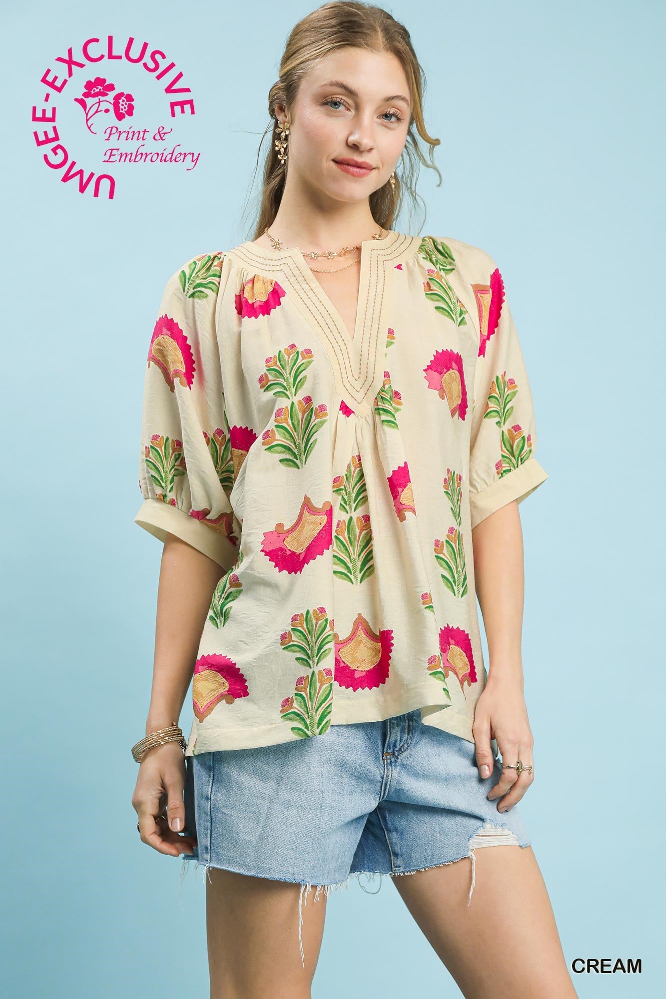 Abstract Print Contrast Stitch Top