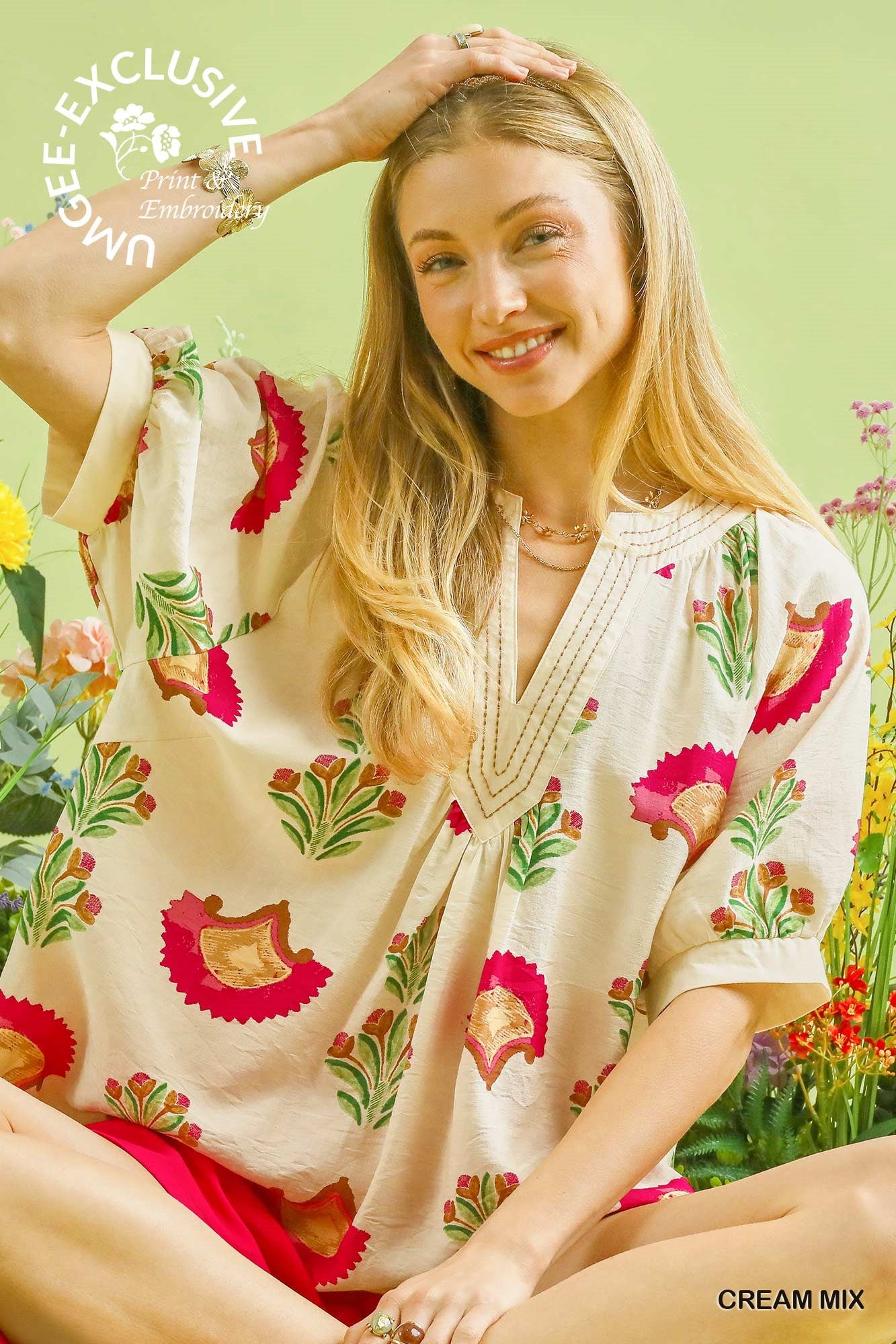 Abstract Print Contrast Stitch Top
