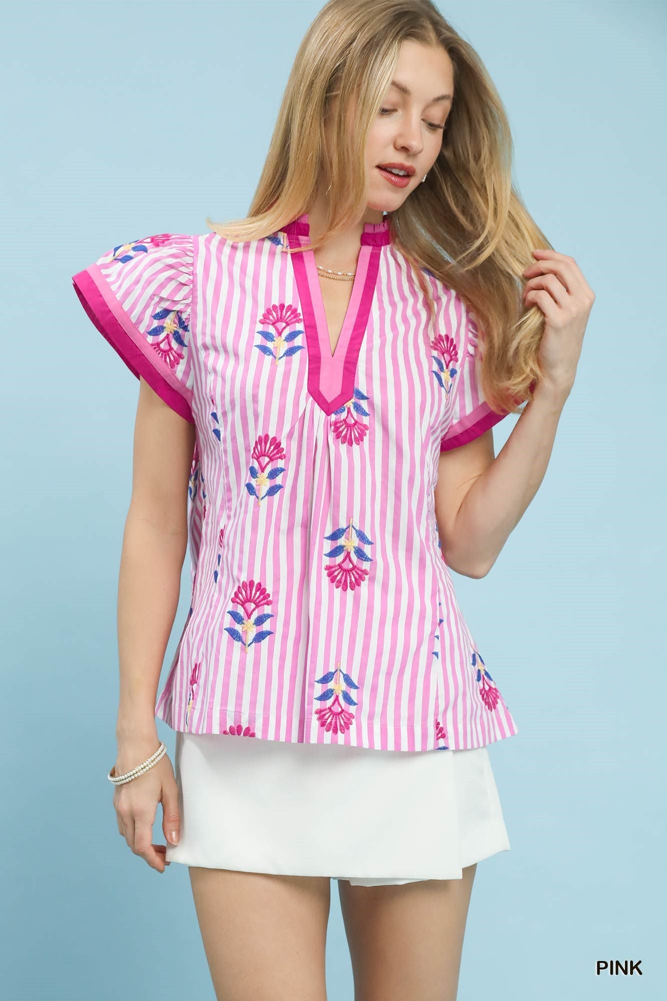 Embroidered Striped Flutter Sleeve Top