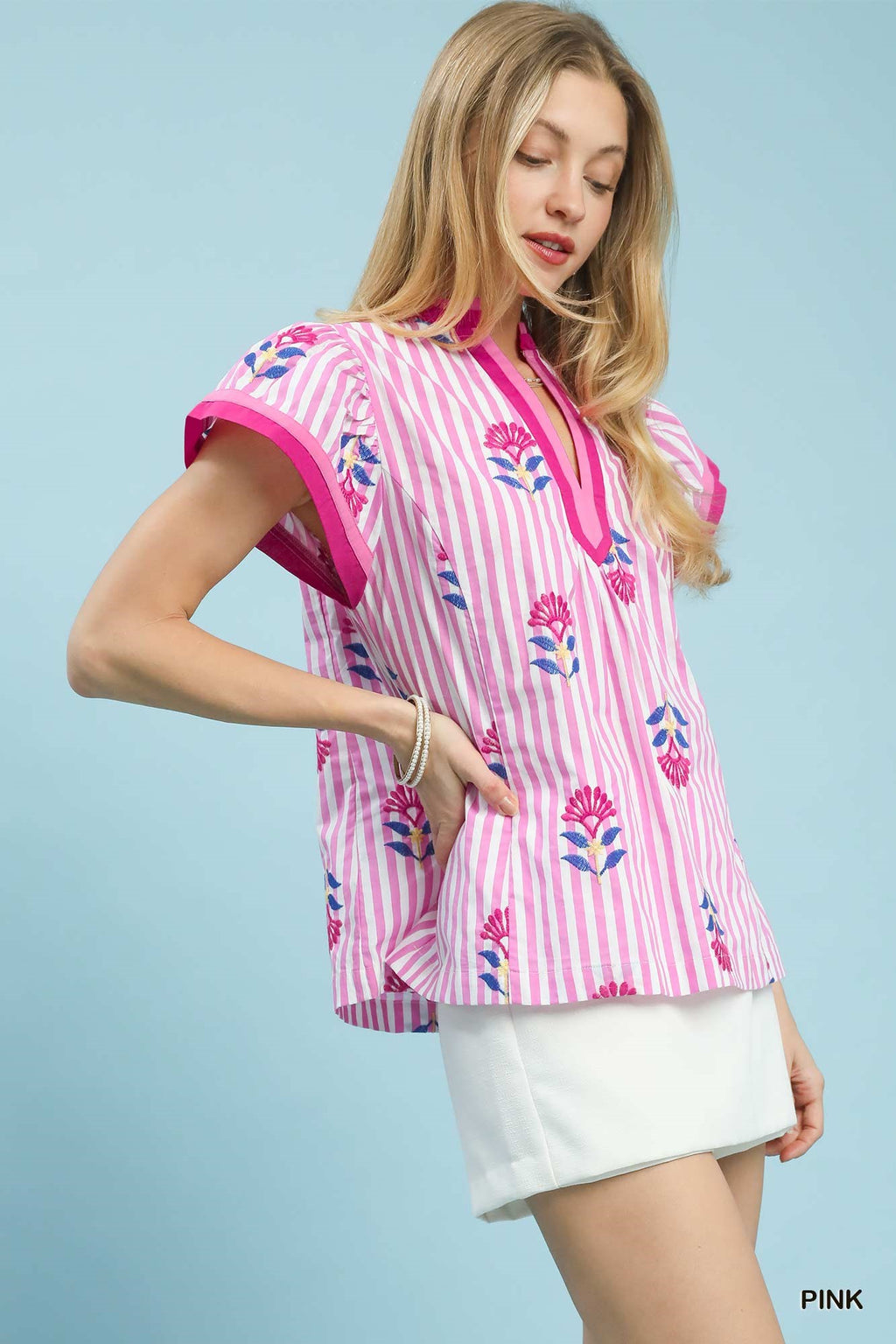 Embroidered Striped Flutter Sleeve Top