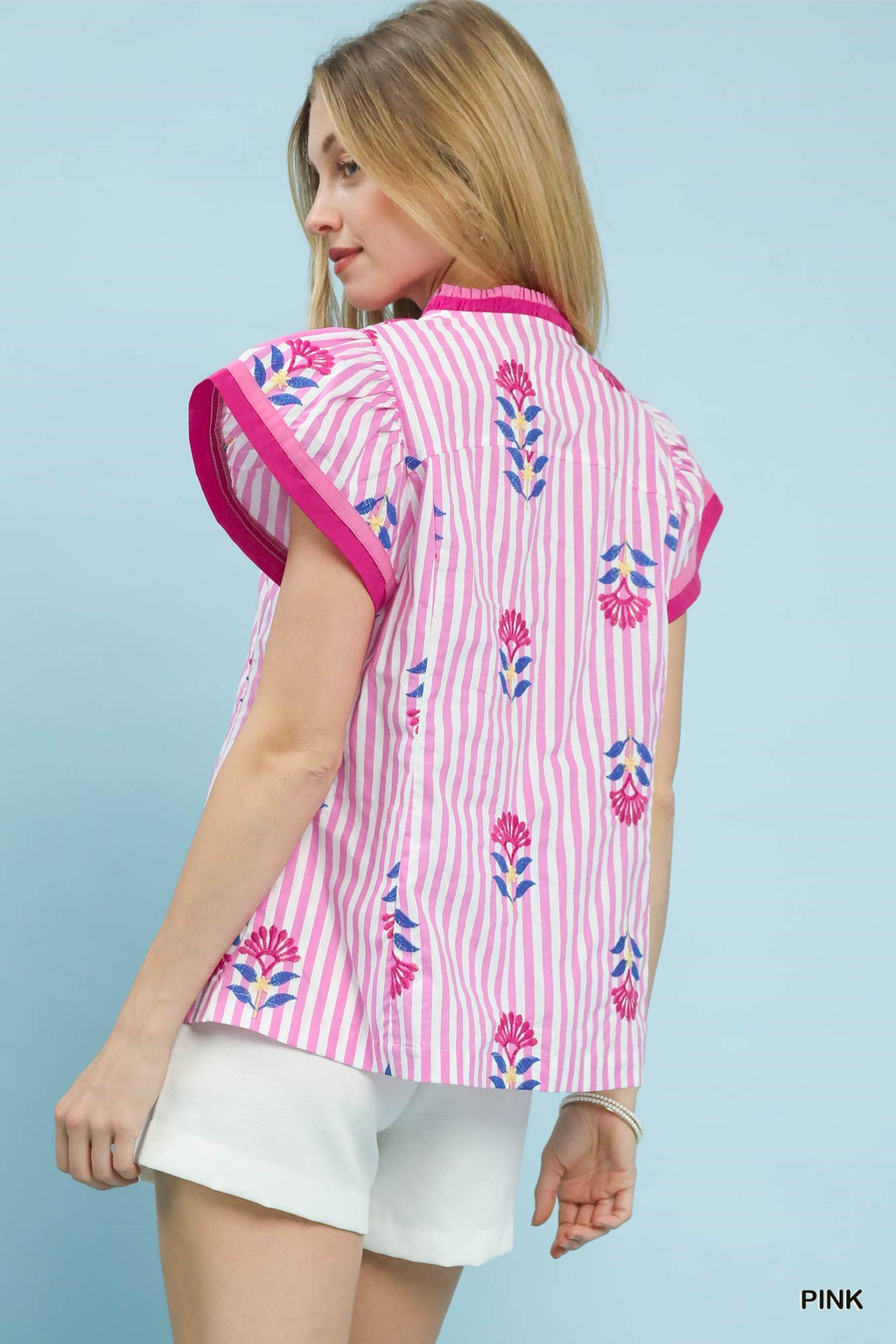 Embroidered Striped Flutter Sleeve Top