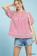 V-Neck Mandarin Collared Stripe Top