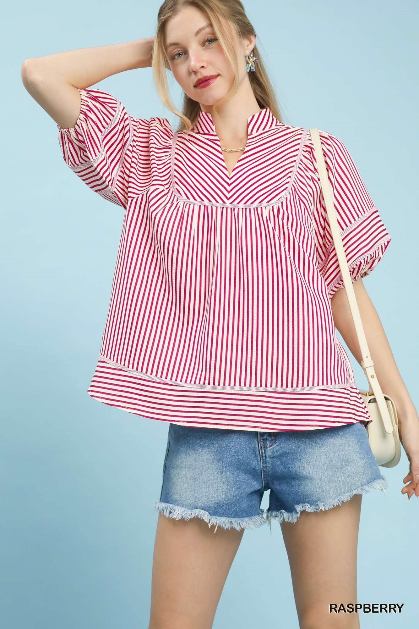 V-Neck Mandarin Collared Stripe Top