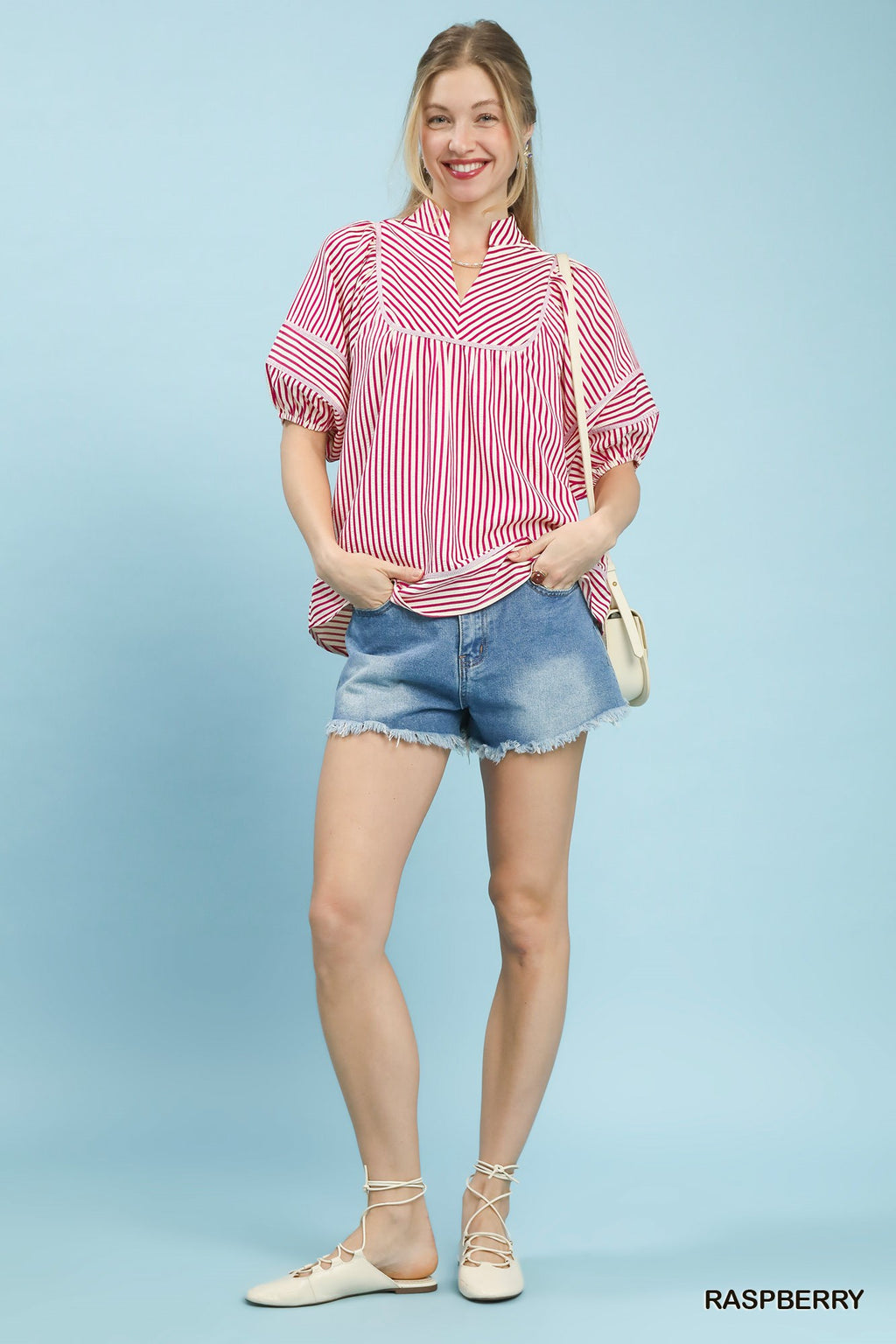 V-Neck Mandarin Collared Stripe Top