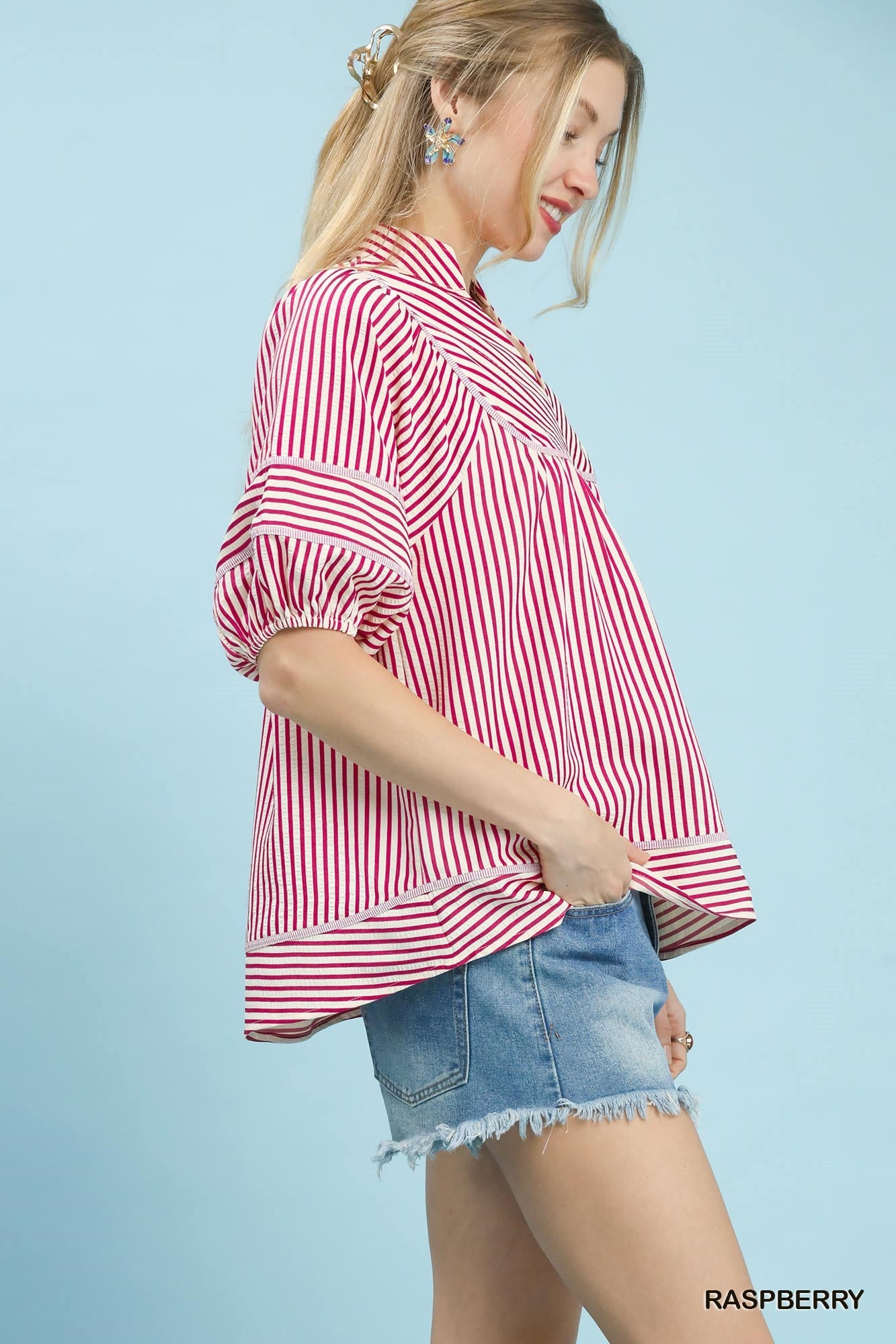 V-Neck Mandarin Collared Stripe Top