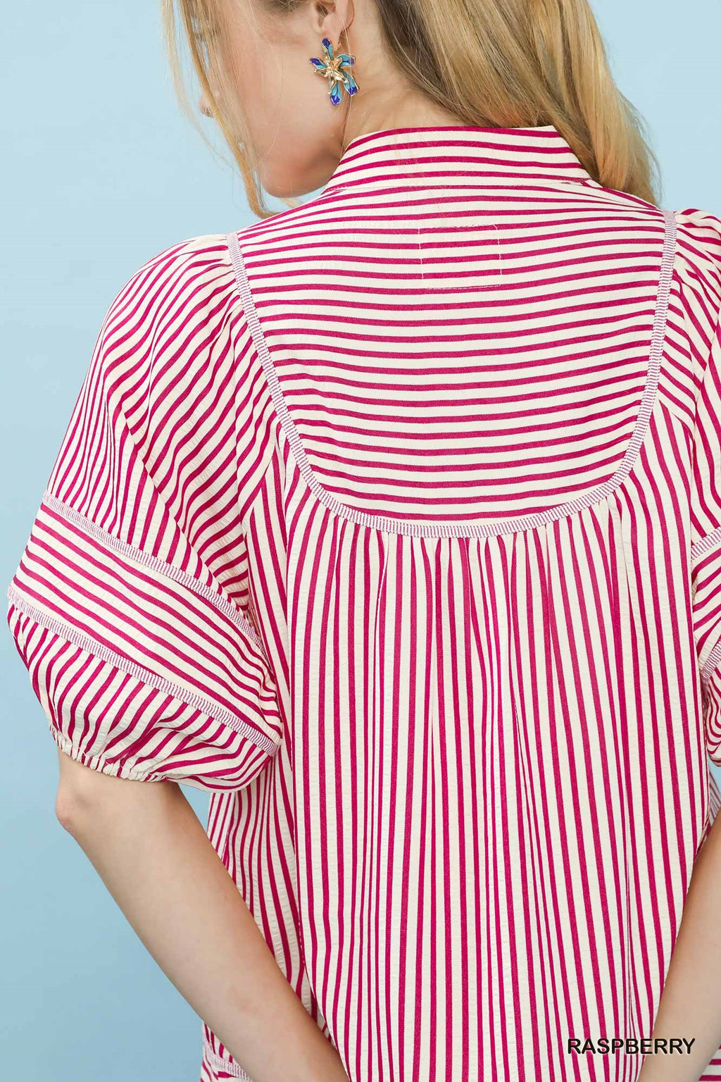 V-Neck Mandarin Collared Stripe Top