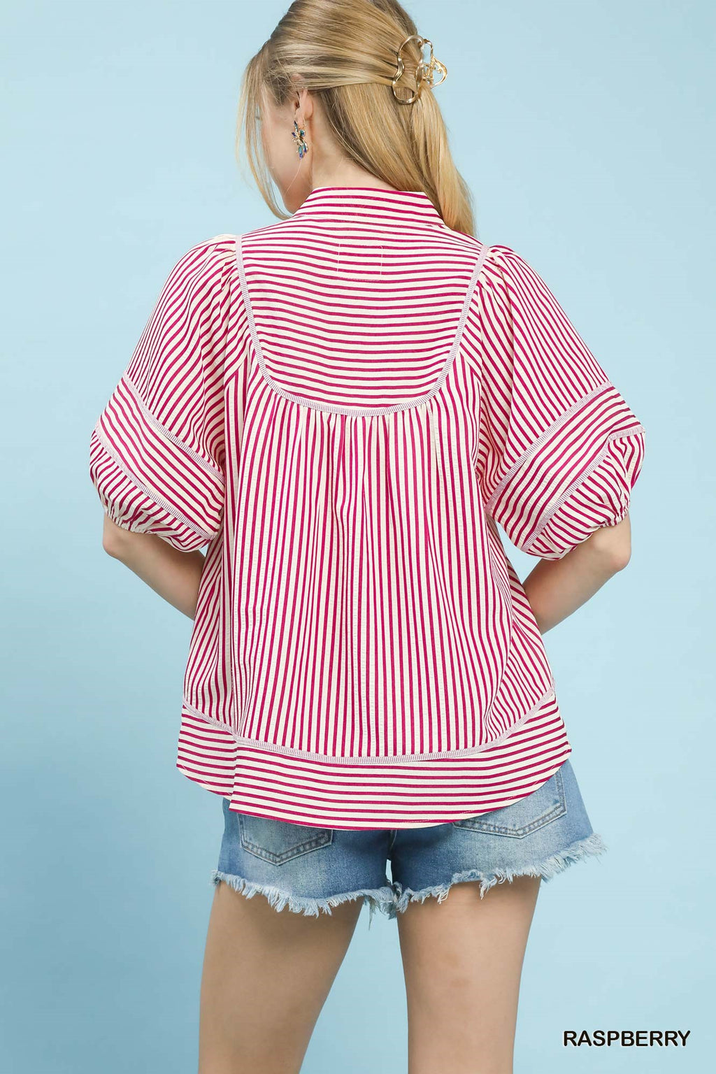 V-Neck Mandarin Collared Stripe Top