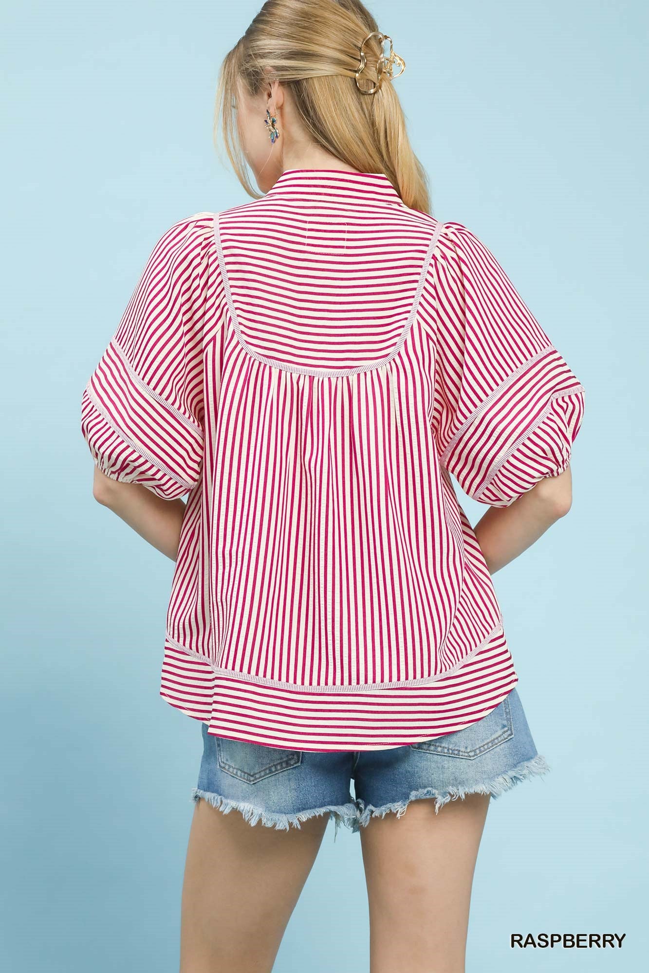V-Neck Mandarin Collared Stripe Top