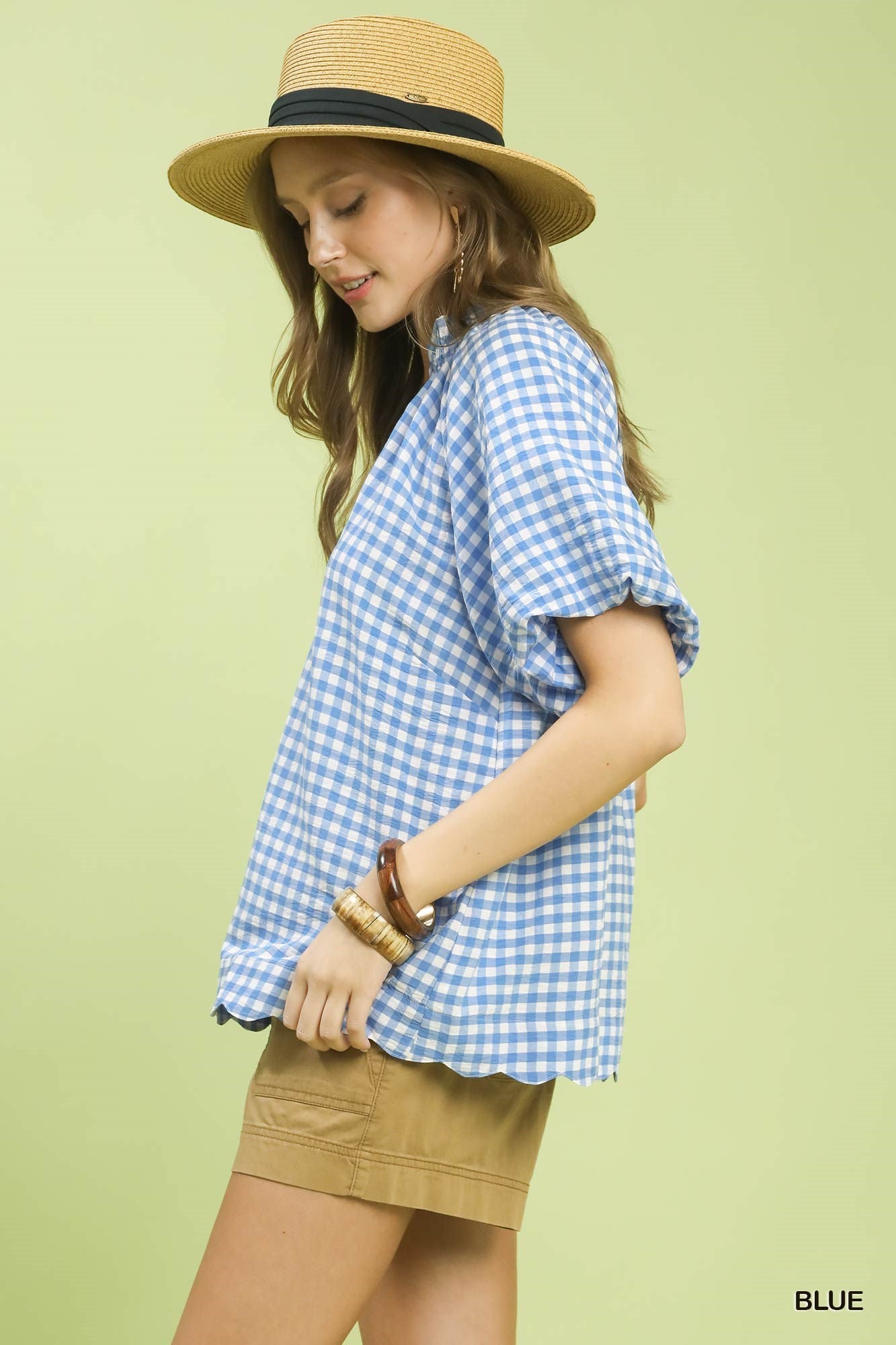 Gingham Bubble Sleeve V-Neck Top w/ Scallop Hem
