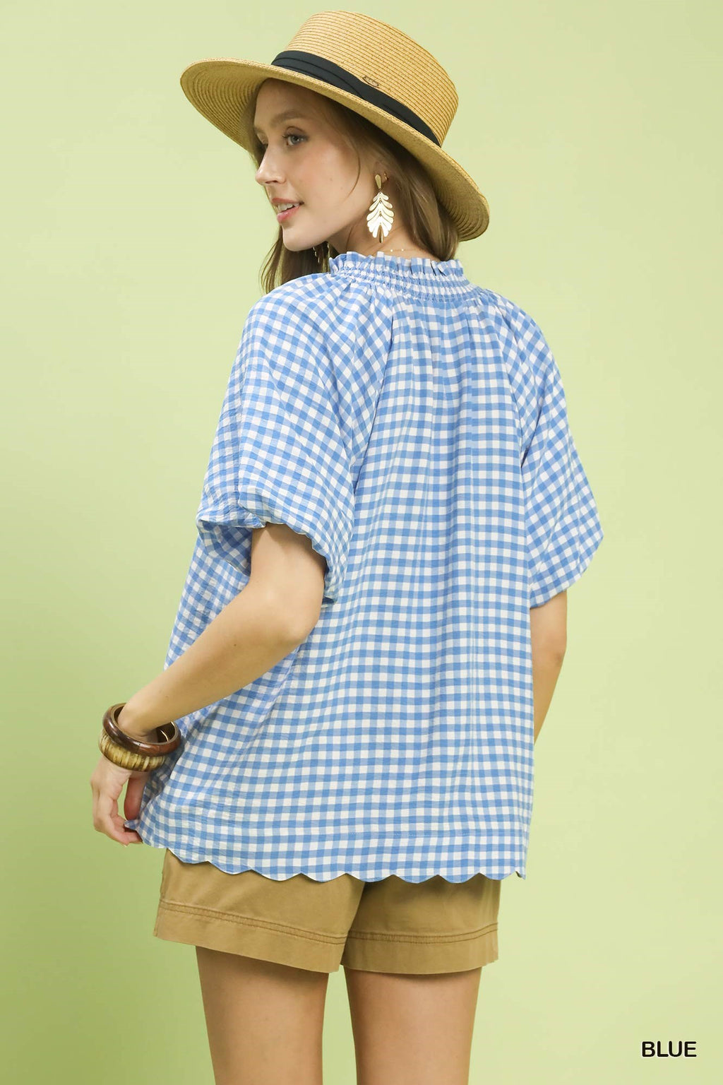 Gingham Bubble Sleeve V-Neck Top w/ Scallop Hem