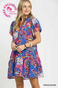 Paisley Print Ruffle Neck Mini Dress