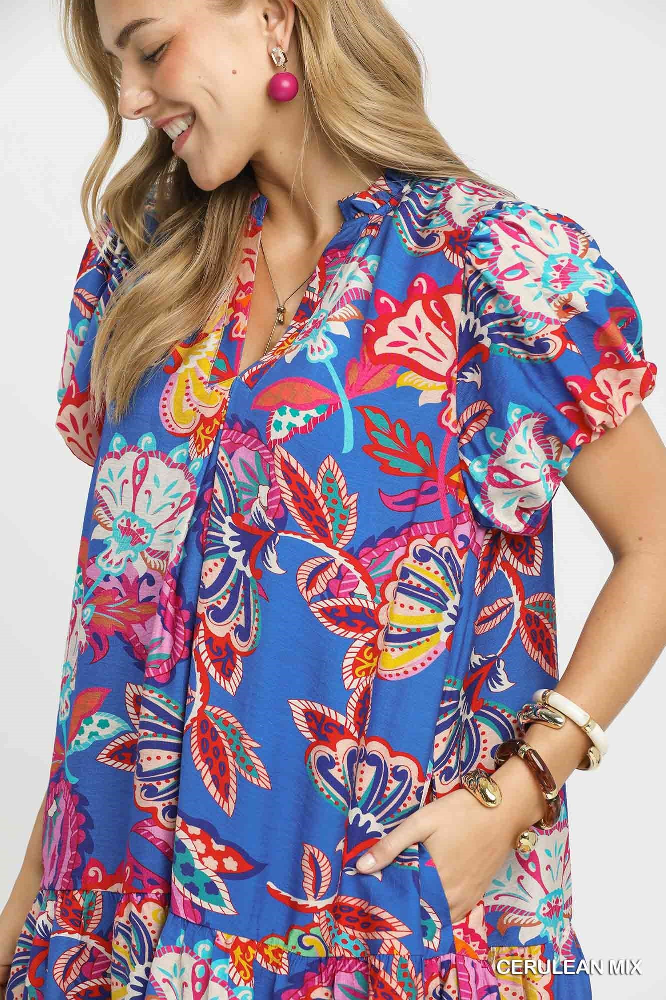 Paisley Print Ruffle Neck Mini Dress
