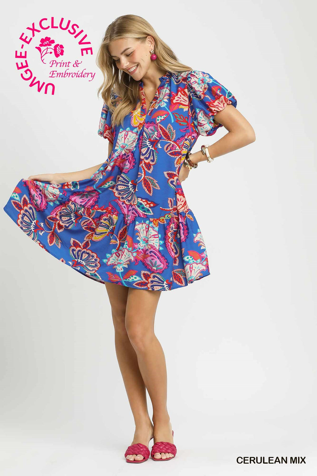 Paisley Print Ruffle Neck Mini Dress
