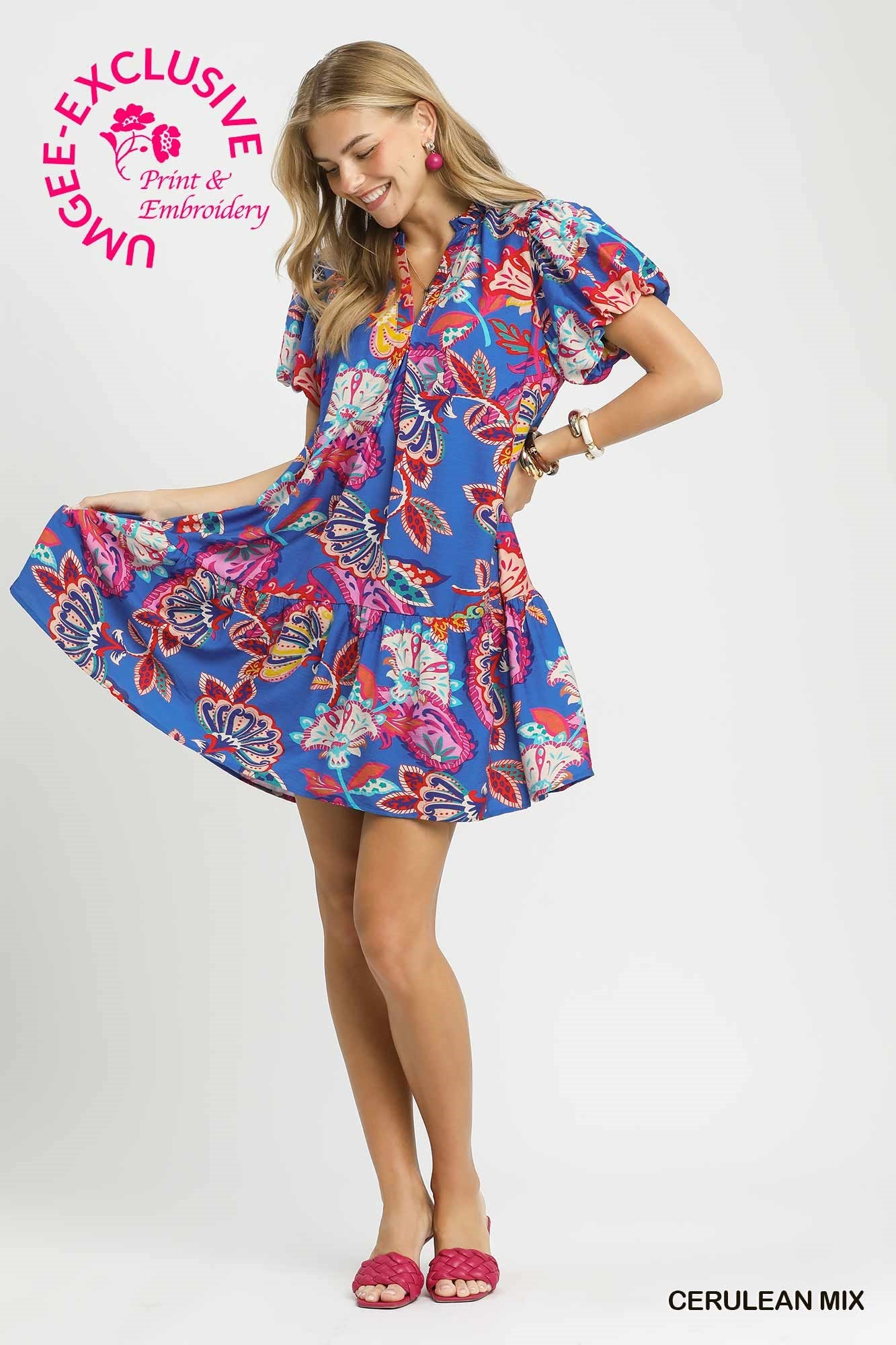 Paisley Print Ruffle Neck Mini Dress