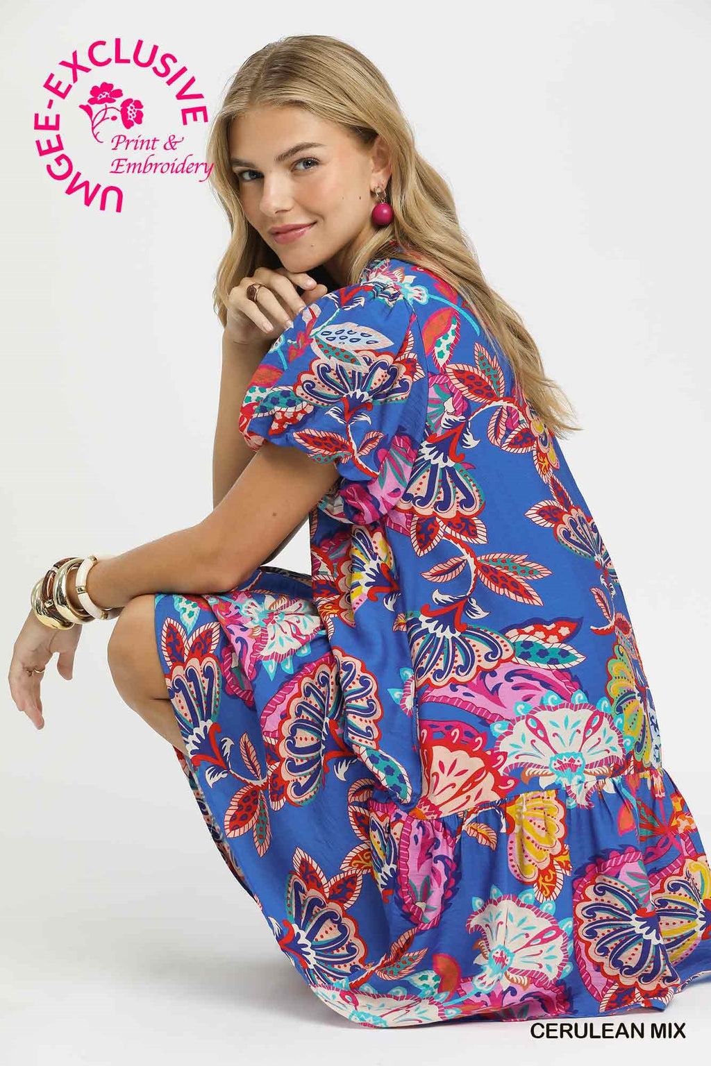 Paisley Print Ruffle Neck Mini Dress