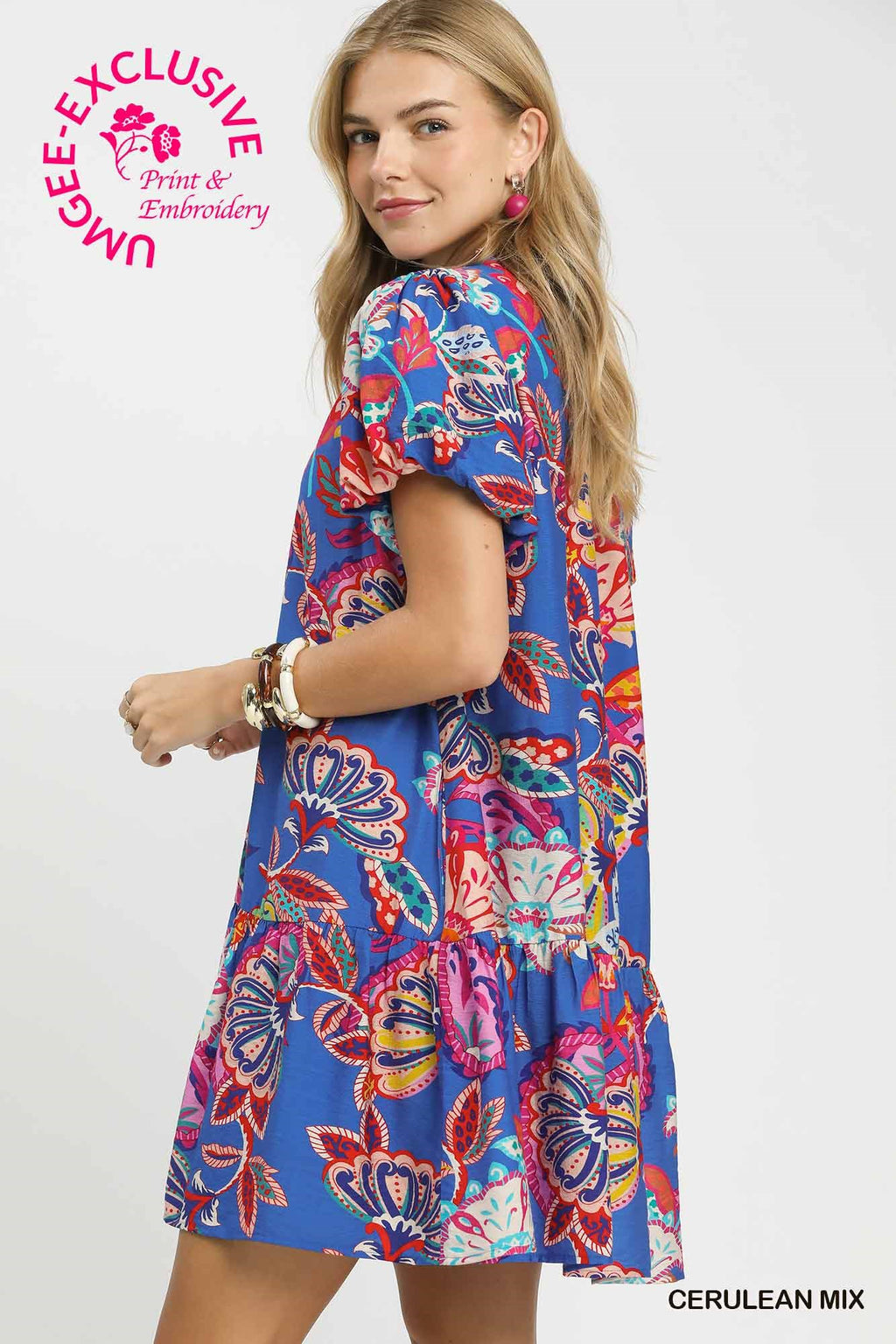 Paisley Print Ruffle Neck Mini Dress