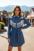 Embroidery Detail Fringe Denim Dress