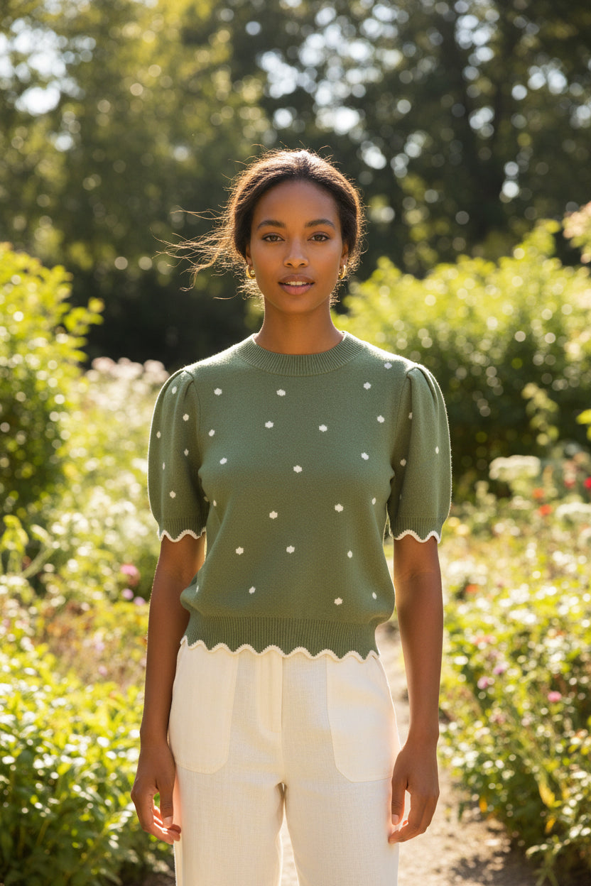 Short Puff Sleeve Scallop Band Polkadot Sweater Top