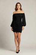 Long Sleeve Heavy Textured Knit Dress With Ruched Skirt Front Detail
