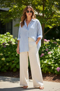 C5821 Scalloped Button down Mixed Media Stripe Shirt