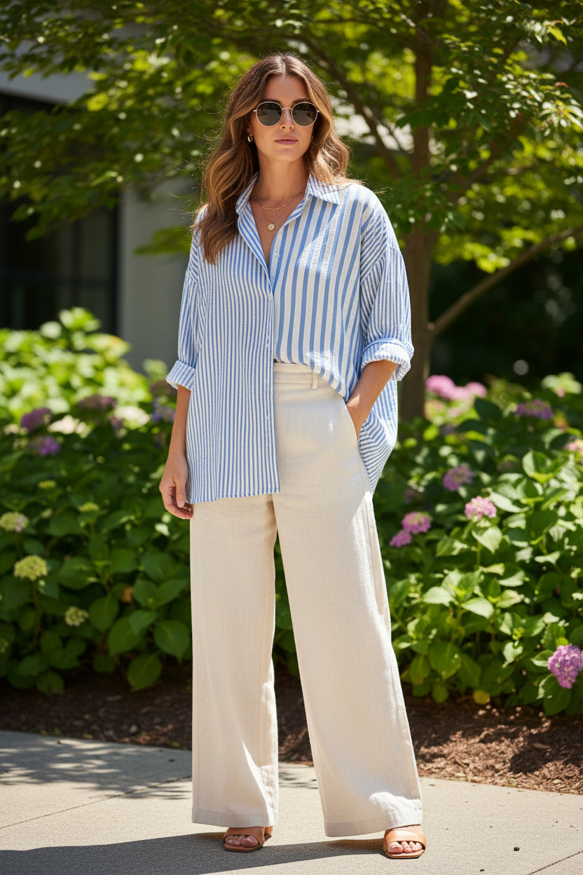 C5821 Scalloped Buttondown Mixed Media Stripe Shirt