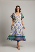 Flutter Sleeve Woven Print Tiered Maxi Dress With Elastic Waist Band