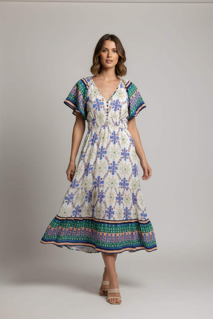 Flutter Sleeve Woven Print Tiered Maxi Dress With Elastic Waist Band