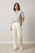 Short Sleeve Woven Striped Collared Button Down Top with Front Pocket