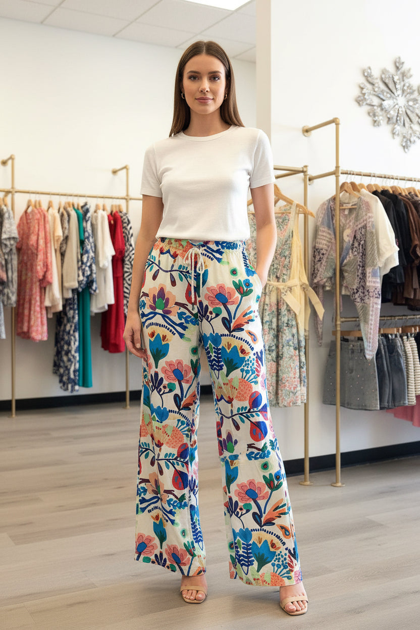 AP6792S Tropical Print Wide Leg Woven Pants
