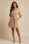 Half Sleeve Knit Corduroy Zip Up Dress With Pockets And Drawstring Waist