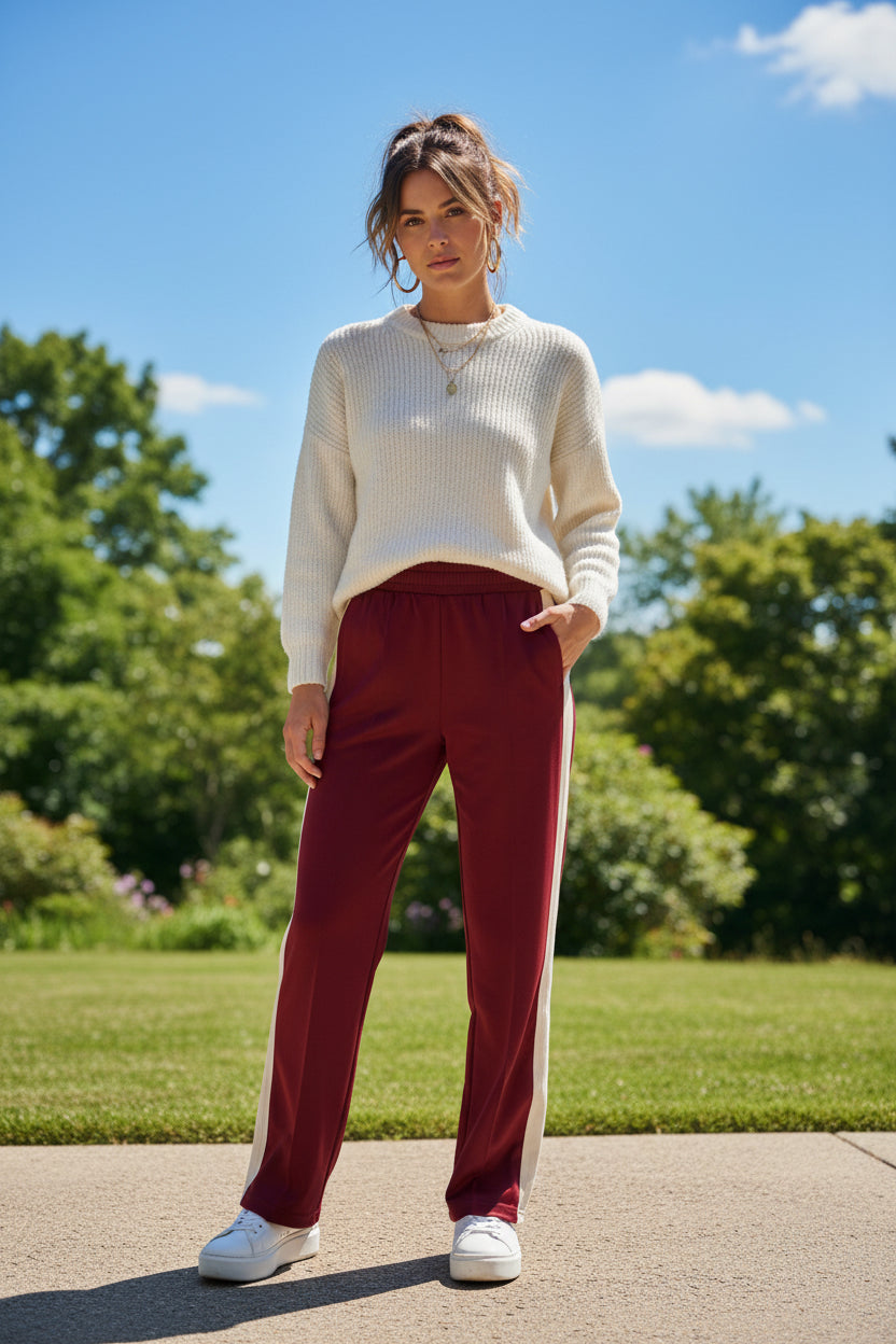 Scuba Knit Long Pants With Elastic Waist Band And Contrast Side Tape