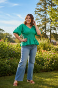 Plus Half Bubble Sleeve V Neck Woven Top With Elastic Waist Band