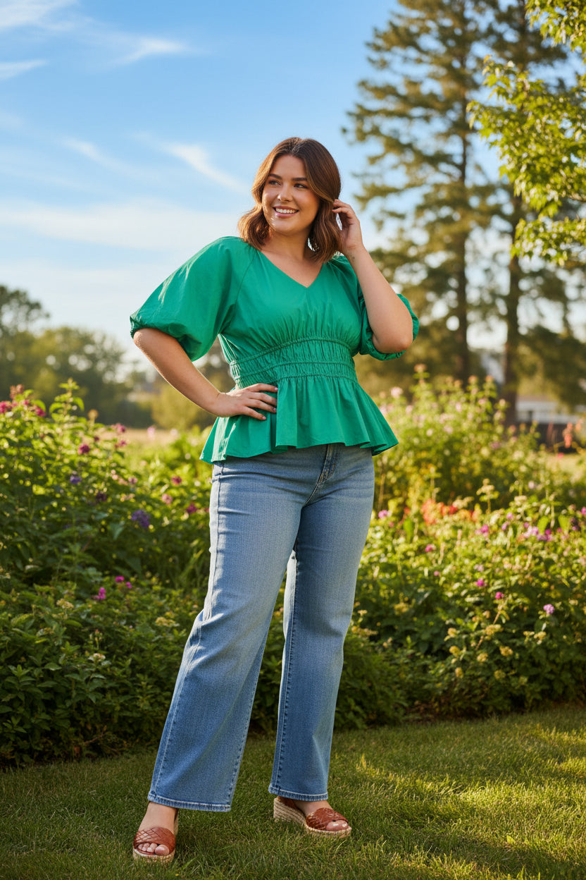 Plus Half Bubble Sleeve V Neck Woven Top With Elastic Waist Band