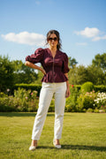 Puff Sleeve Smocking Front Zipper Woven Top with Elastic Waistband