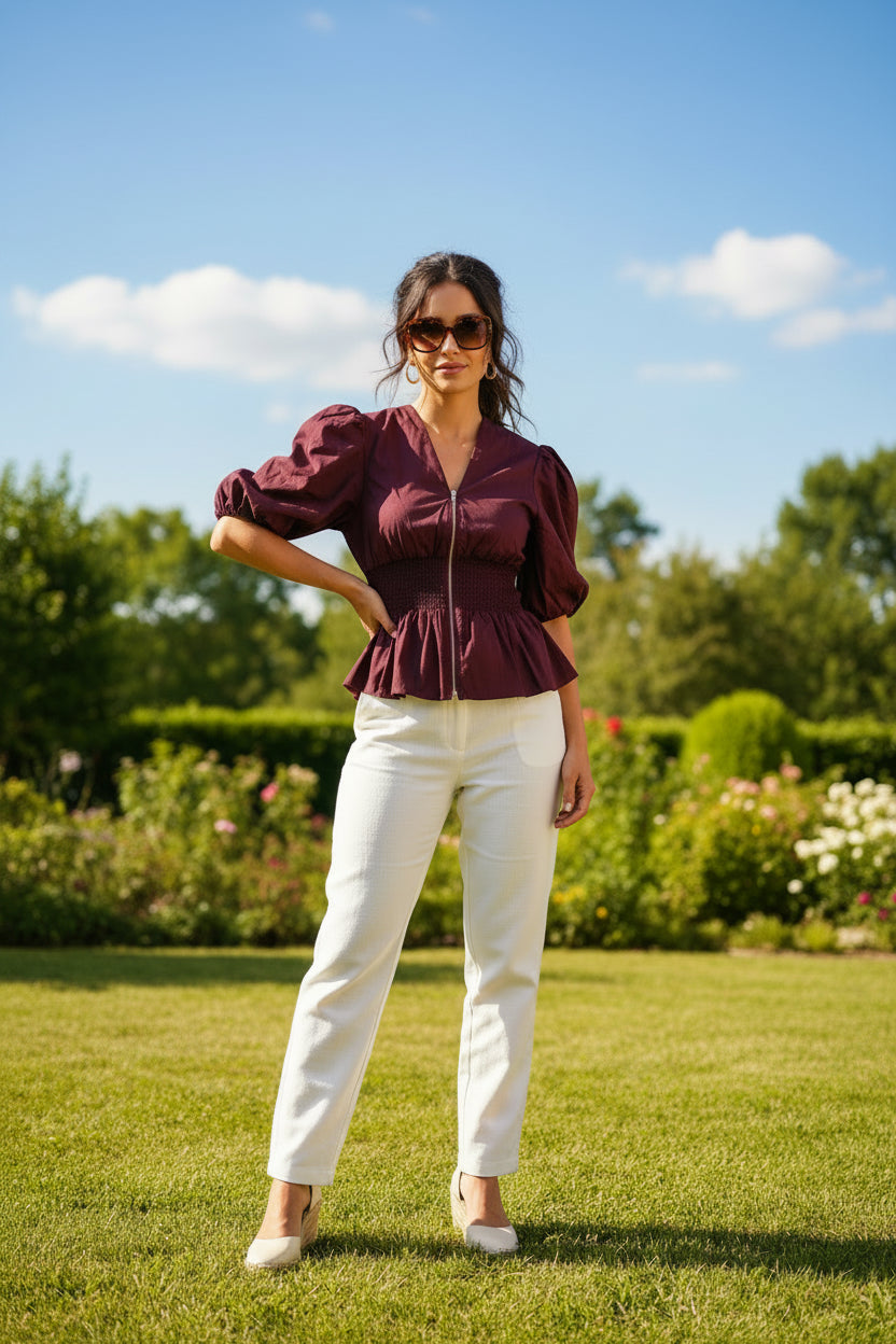 Puff Sleeve Smocking Front Zipper Woven Top with Elastic Waistband