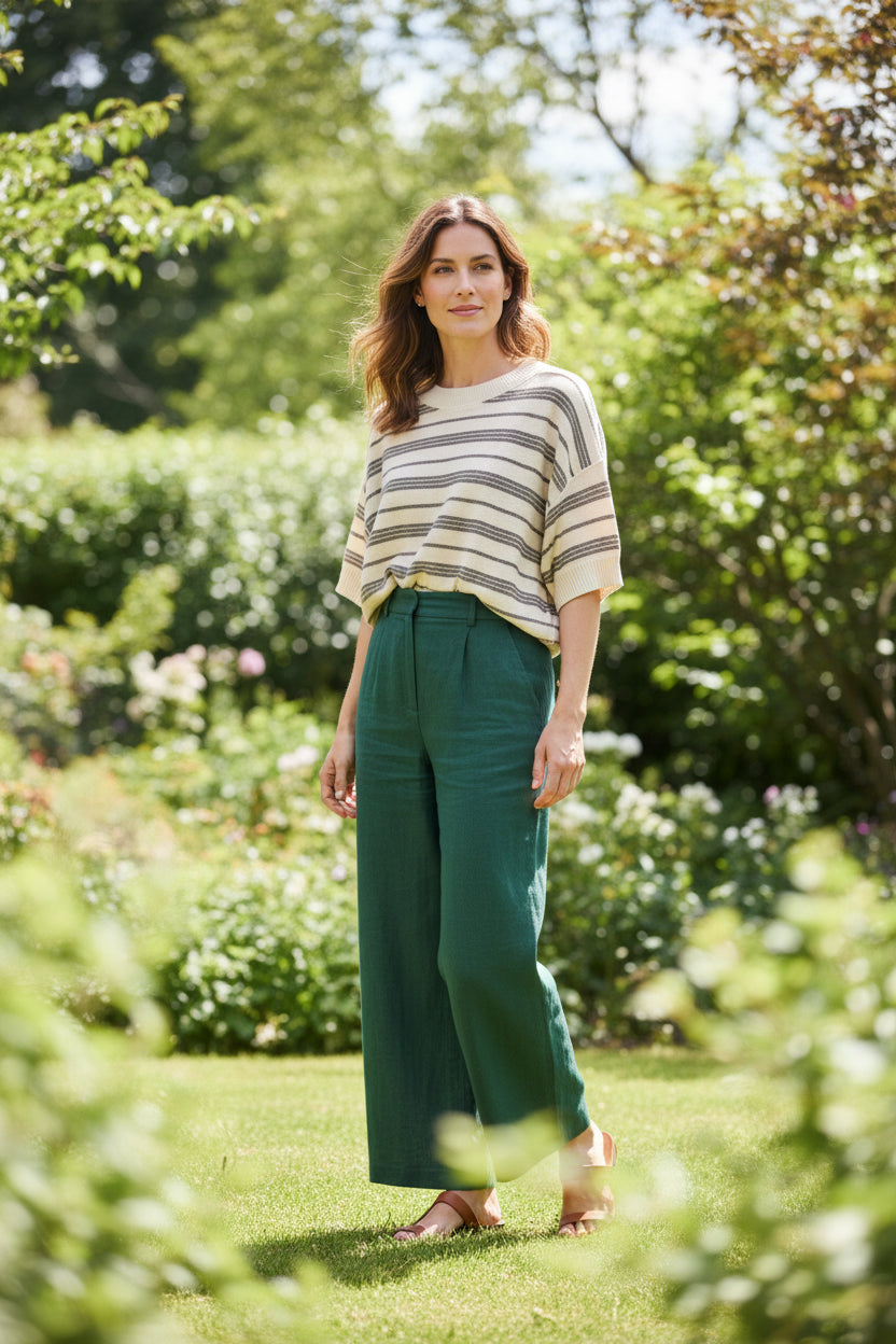 Drop Half Sleeve Round Neck Striped Knit Sweater Top