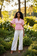 Puff Sleeve Smocking Front Zipper Woven Top w/ Elastic Waistband Mode