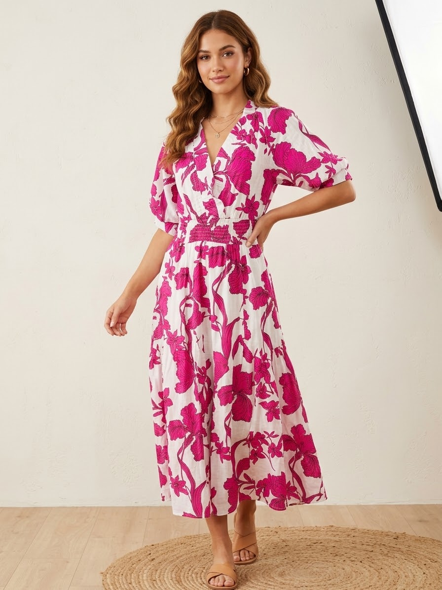 Mix Floral Smocked Midi Dress