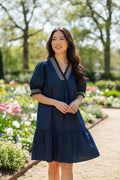 Short Sleeve Smocked Neck And Sleeve Mini Dress With Pockets