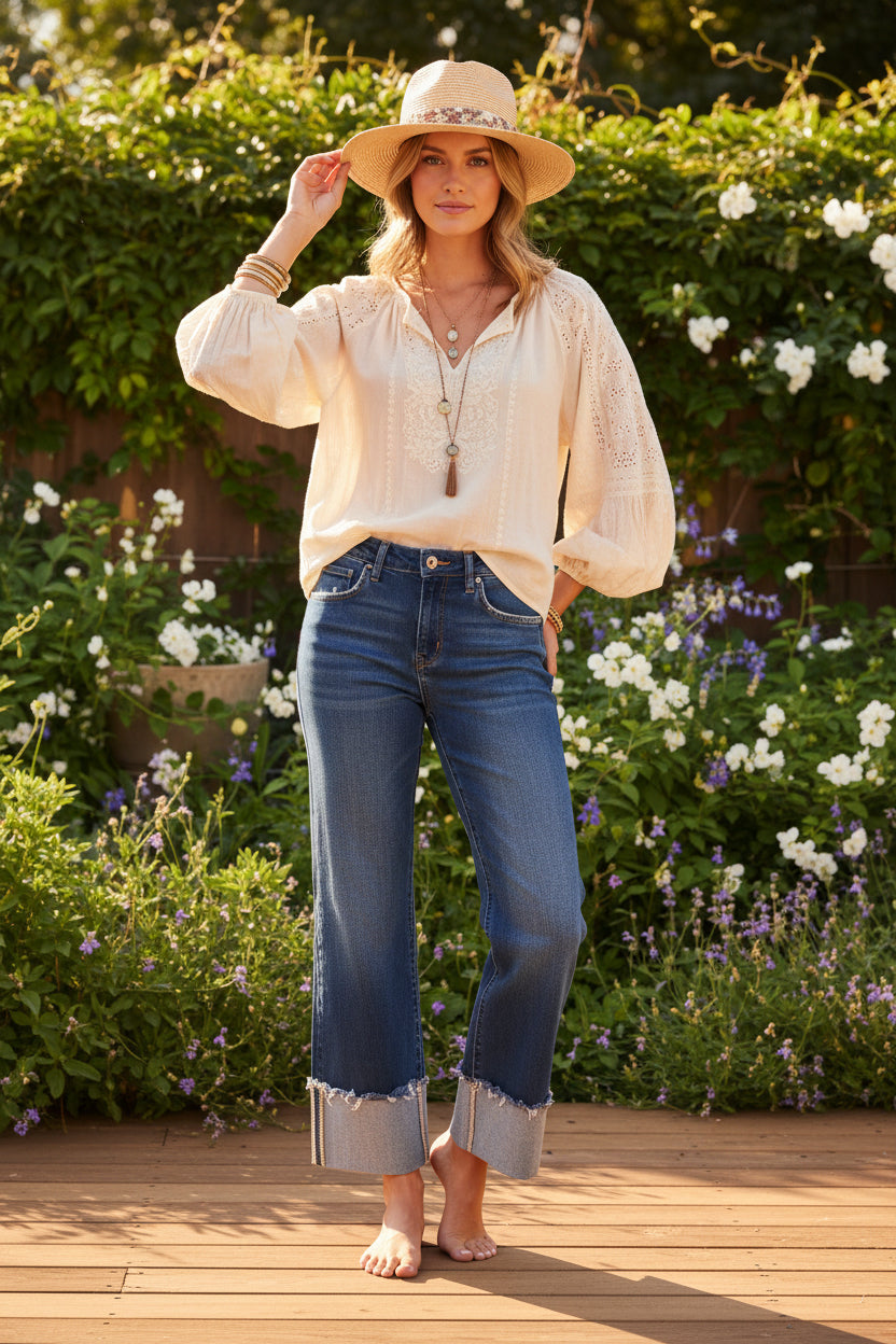 Mid Rise Slim Staight Leg w/cuffed Hem