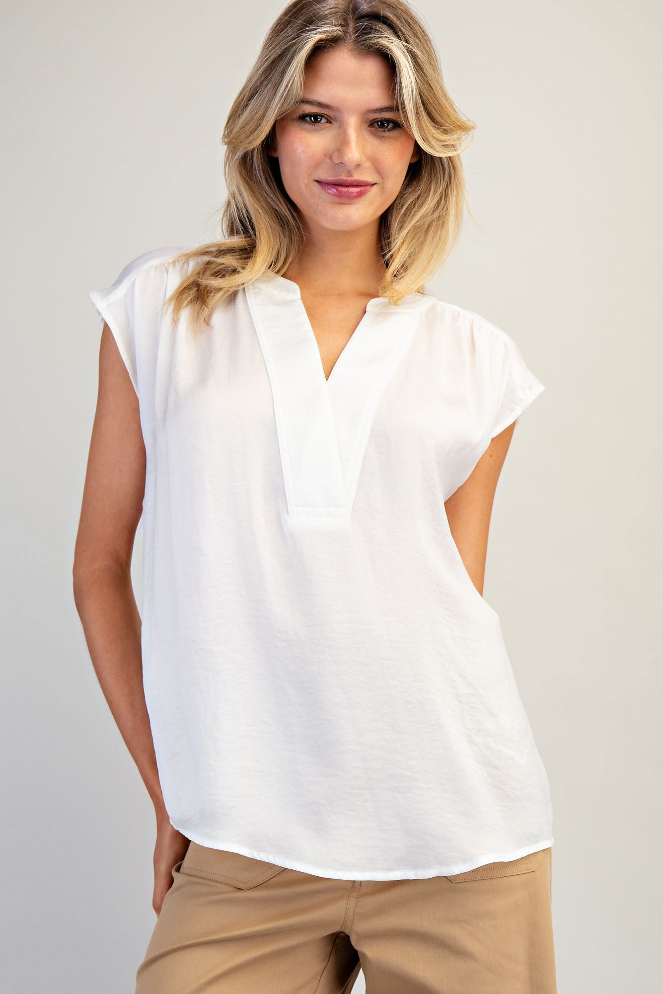 Solid V-Neck Cap Sleeve Top Product Pearl