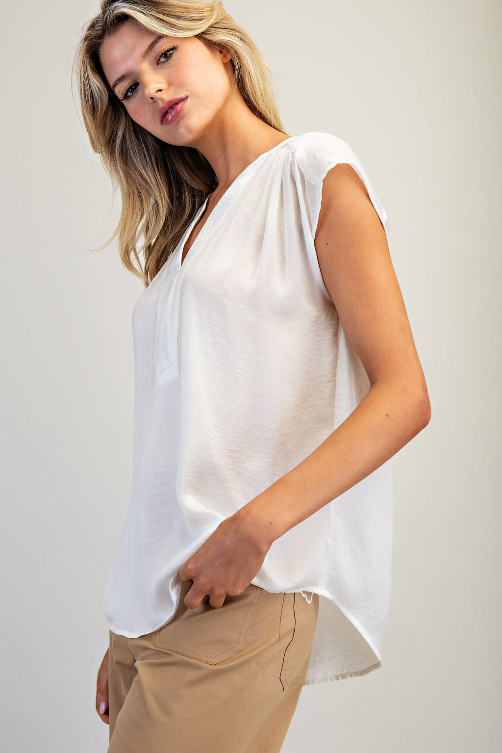 Solid V-Neck Cap Sleeve Top Product Pearl