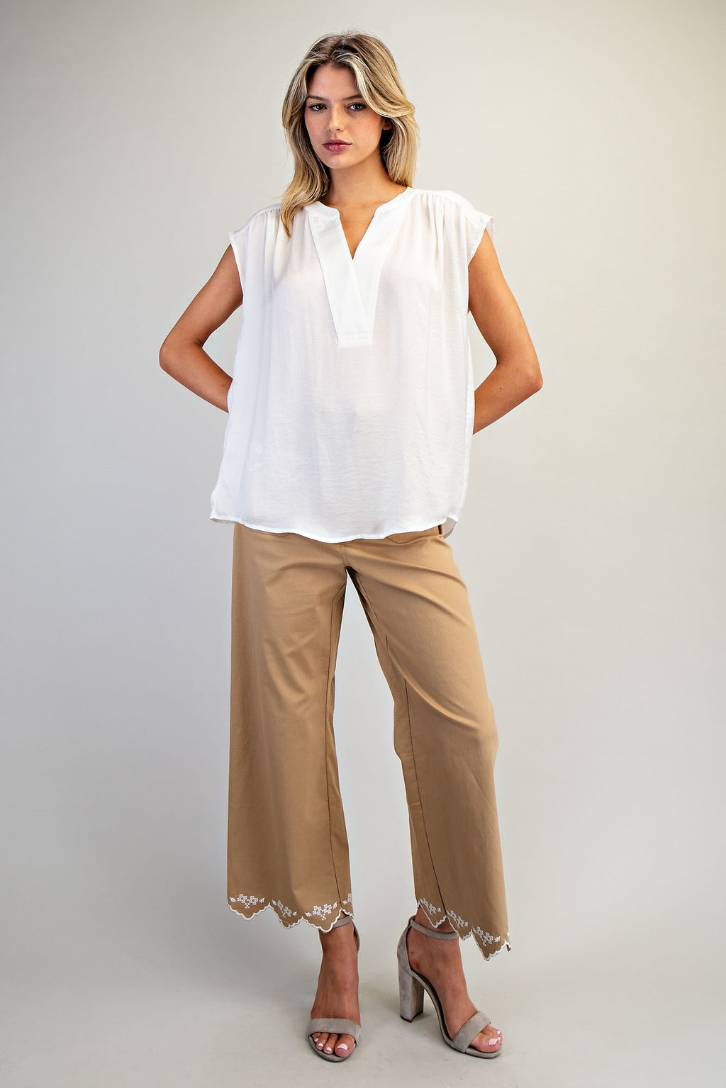 Solid V-Neck Cap Sleeve Top Product Pearl