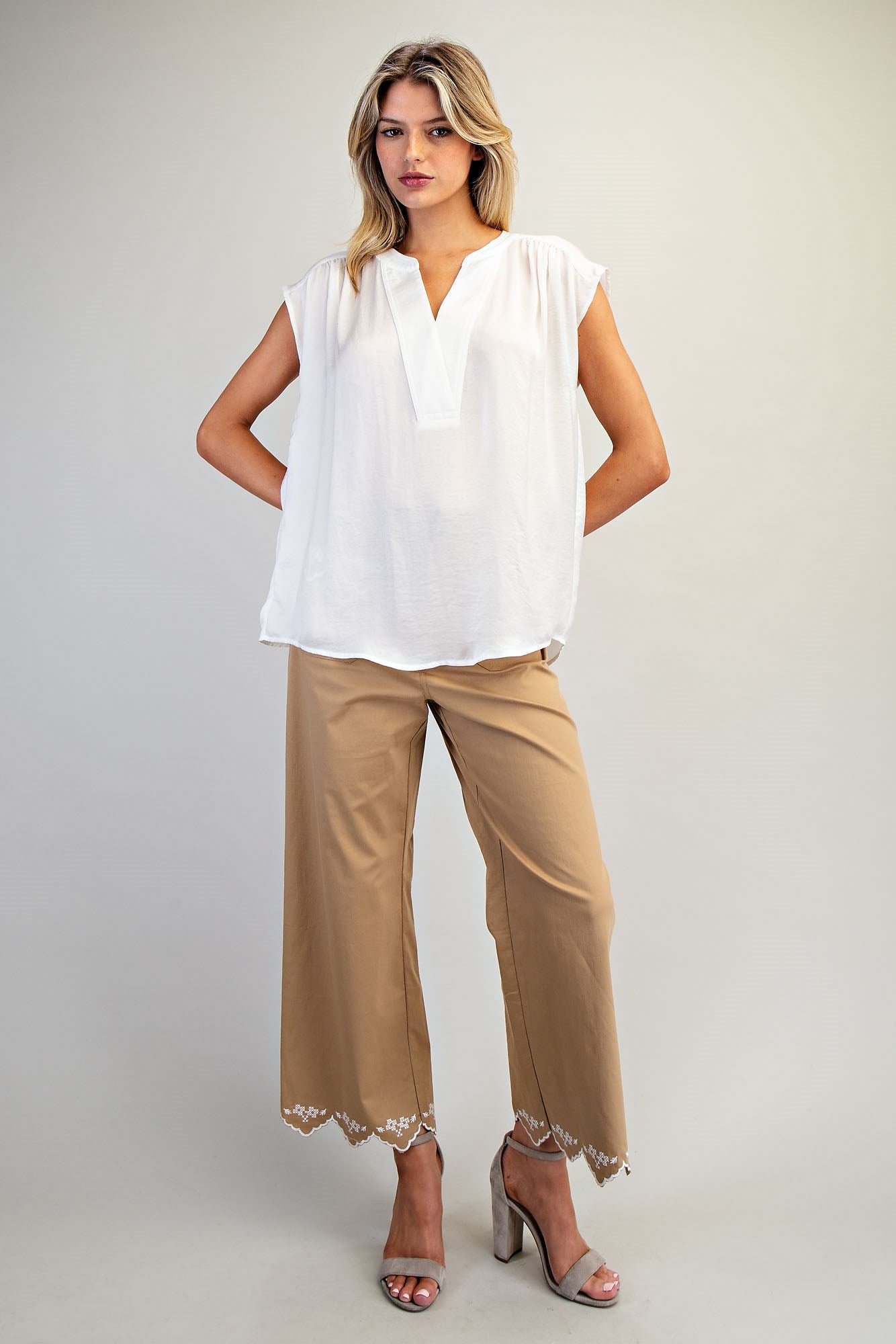 Solid V-Neck Cap Sleeve Top Product Pearl