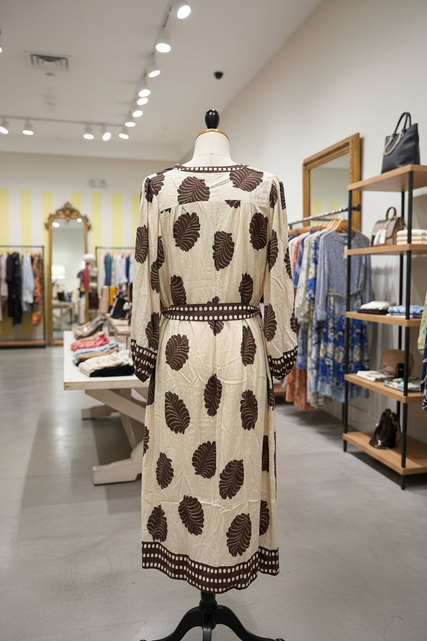 Mix Leaf Print Belted Midi Dress