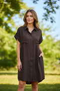 Drop Shoulder Button Up Woven Shirt Dress