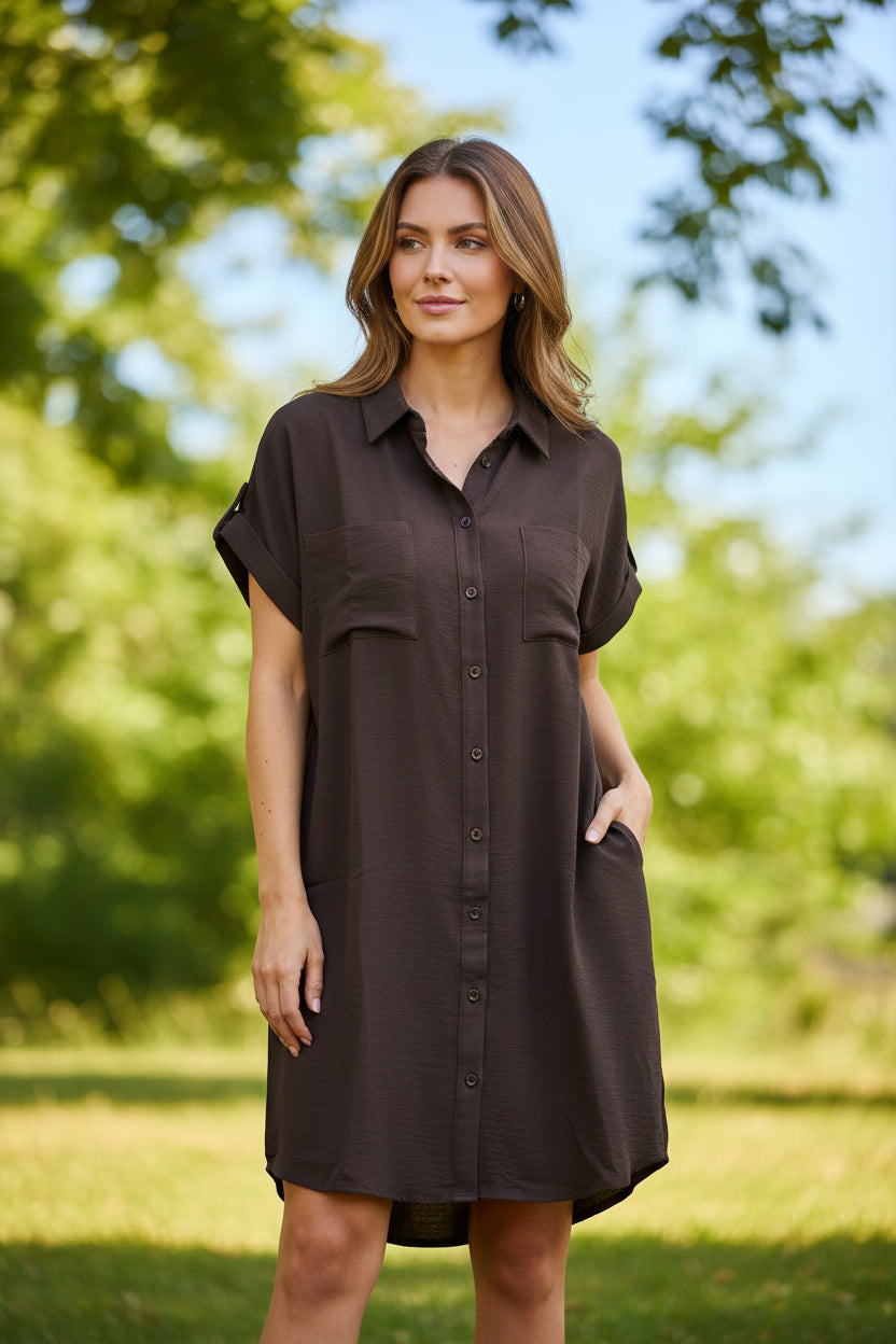 Drop Shoulder Button Up Woven Shirt Dress